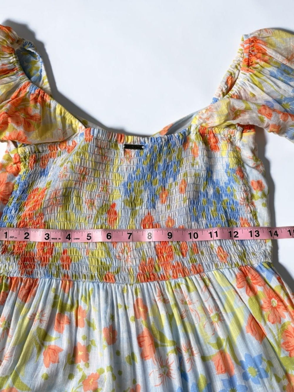 Billabong Maxi Dress Orange & Blue Floral Cotton Puff Sleeve - Picture 14 of 15